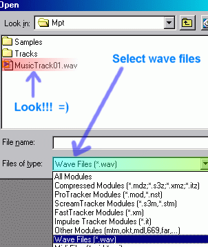 You have to select wave files from the drop-down menu in order to select the wave file...
